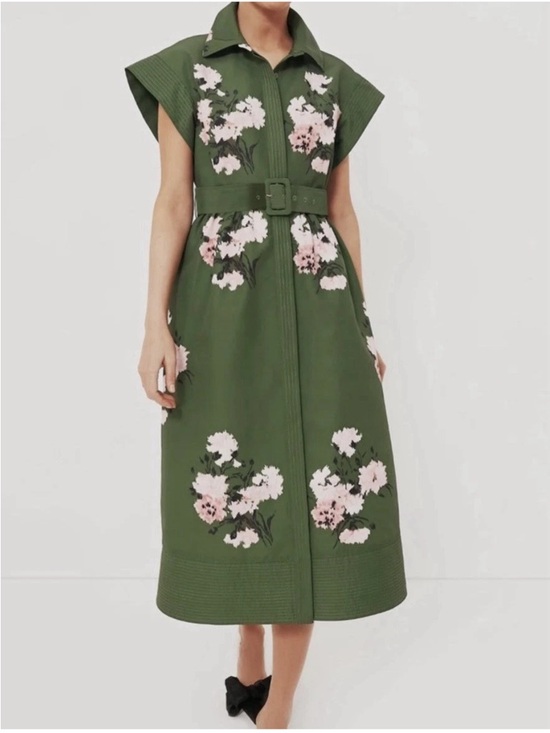 Tuckernuck Dresses & Skirts - Tuckernuck Olive and Pressed Chloe Green Pink Floral Midi Dress Wide Sleeves Med